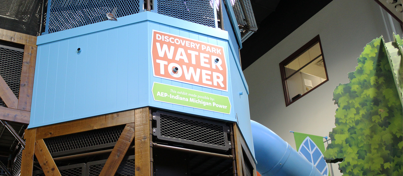 American Electric Power (AEP) sign on the Discovery Park water tower